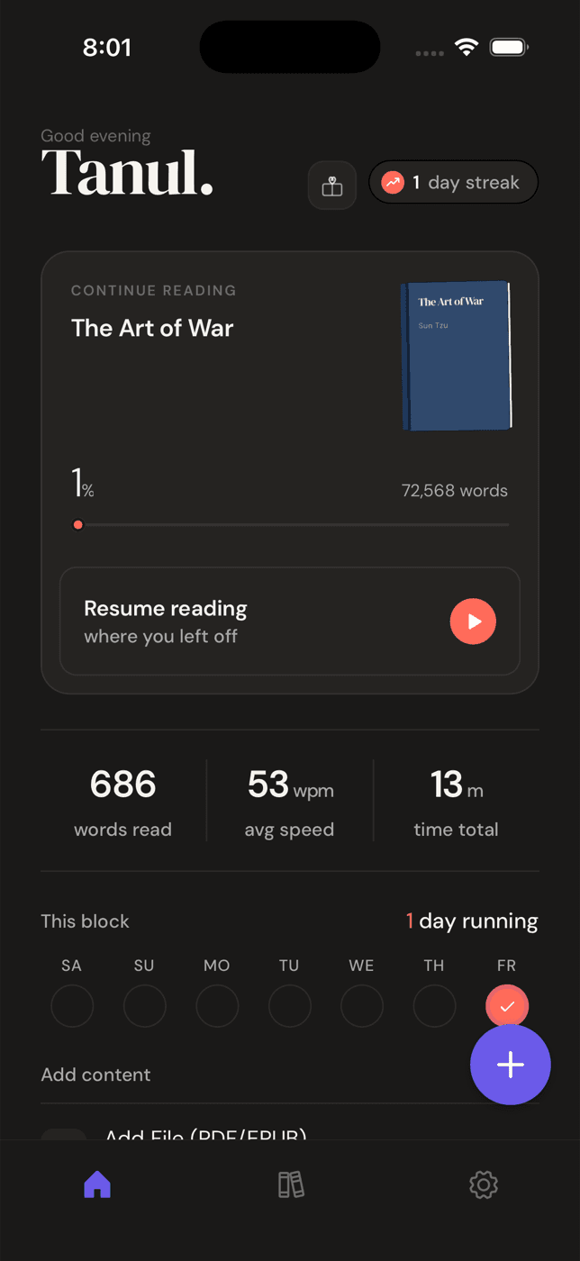 Absorb Speed Reading iPhone app home screen